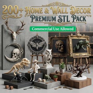 Può includere: Una collezione di articoli per l'arredamento della casa e delle pareti, tra cui un teschio di cervo, un ornamento da parete a forma di falena, un teschio, uno scheletro di dinosauro e una statua di gufo. L'immagine presenta anche il testo "200+ Home & Wall Decor Premium STL Pack" e "Commercial Use Allowed."