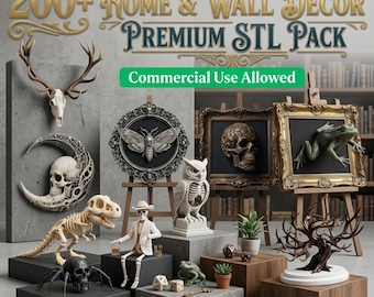 200+ Home & Wall Decor STL Pack | Gothic Skull Moth Frog Owl Dinosaur | Dark Academia Fantasy Premium Bundle Commercial Use