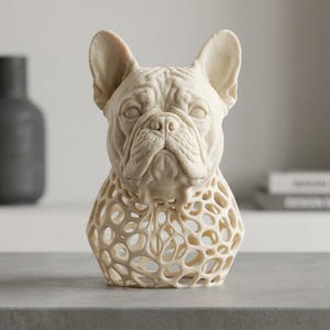 May include: A cream-colored French Bulldog sculpture with a unique openwork design on the lower portion. The dog's face is detailed with wrinkles and a serious expression. This decorative piece is ideal for dog lovers.