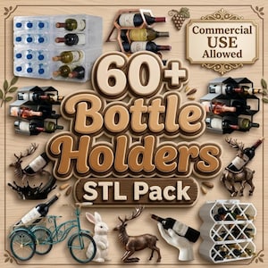 Può includere: Una collezione digitale di oltre 60 design di portabottiglie per stampa 3D, che include scaffali geometrici, supporti a forma di animale, un modello di triciclo e unità modulari, con il testo 60+ Bottle Holders STL Pack.