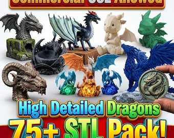 Dragon STL Bundle, Fantasy Dragon STL Pack, 75 Dragon Models STL, DnD Dragon stl, 3D Printable Dragons, Miniature Dragon stl, Commercial Use
