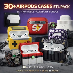 May include: A collection of AirPod cases in various designs, including a red case with the number 97, a yellow case with a plus sign, and a skull-shaped case with a green glowing eye. The image includes the text "30+ AIRPODS CASES STL PACK".