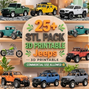 Op de afbeelding: Een verzameling 3D-geprinte speelgoedvoertuigen, waaronder vrachtwagens, jeeps en een motorfiets. De afbeelding toont een verscheidenheid aan kleuren, waaronder groen, geel, wit, rood, oranje, blauw en grijs. De centrale tekst luidt "25+ STL PACK 3D PRINTABLE Jeeps".