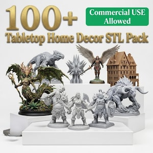May include: A collection of 3D-printed tabletop home decor models. The image features various fantasy figures, including a dragon, angel, and warrior figurines. The text reads "100+ Tabletop Home Decor STL Pack" and "Commercial Use Allowed".