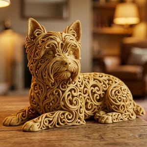 May include: A detailed, light brown dog sculpture in a relaxed pose. The dog's body is intricately carved with swirling patterns. The sculpture is resting on a wooden surface, showcasing the craftsmanship and design.