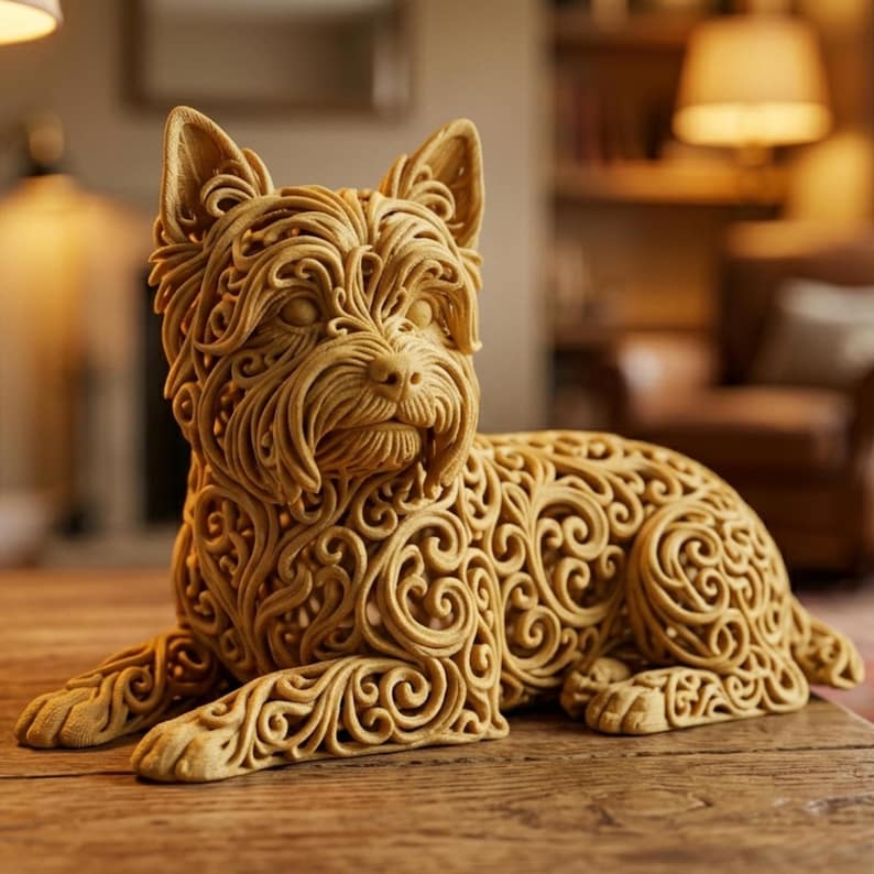 May include: A detailed, light brown dog sculpture in a relaxed pose. The dog's body is intricately carved with swirling patterns. The sculpture is resting on a wooden surface, showcasing the craftsmanship and design.
