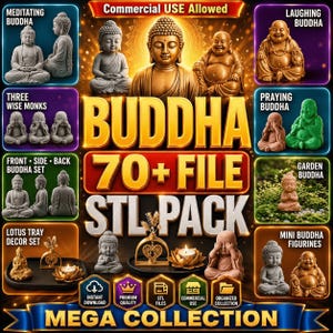 May include: A digital collection of 70+ Buddha STL files for 3D printing, featuring various Buddha statues, laughing Buddhas, praying monks, and lotus tray decor sets. The graphic includes text labels like Commercial USE Allowed and Mega Collection.