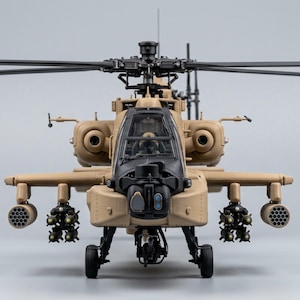 May include: Tan and black model helicopter with detailed features, including a cockpit, rotor blades, and missile launchers. The helicopter is a military-style aircraft, showcasing a realistic design.