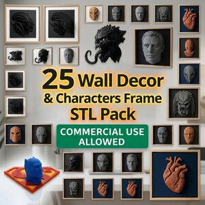 May include: A collection of 3D-printed wall decor pieces, including character faces and abstract shapes, framed in various sizes. The pieces are in shades of black, gray, and orange. Text reads "25 Wall Decor & Characters Frame STL Pack COMMERCIAL USE ALLOWED."