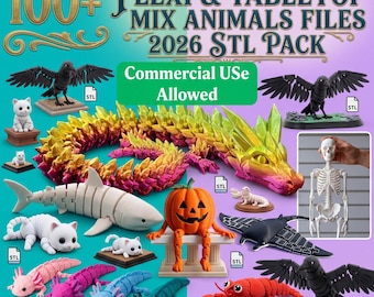 100+ Flexi Animals STL Pack, Articulated Dragon STL, Flexi Animal STL Bundle, Tabletop Miniatures STl, 3D Print Animals, Halloween STl