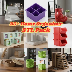 May include: A selection of home organisers, featuring a white phone stand, a purple divided tray, a red boxing glove pen holder, and a stackable red storage bin set. The image also shows a multi-drawer organiser.