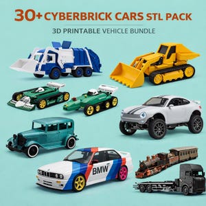 Puede incluir: Una colección de vehículos de juguete imprimibles en 3D, que incluye un camión de basura azul y blanco, una excavadora amarilla y varios coches de carreras. La imagen también presenta un coche vintage turquesa, un BMW blanco con detalles coloridos y un camión negro con un vagón de tren.