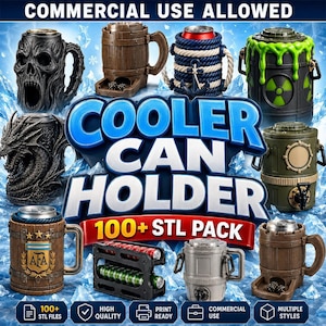 May include: A collection of 3D printable cooler can holders featuring various designs including a skull, a wooden barrel, a nautical rope theme, a radioactive green barrel, a dragon, an Argentine flag mug, a rack, and a keg-style dispenser.
