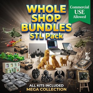 Puede incluir: Imagen promocional que muestra una colección de archivos STL imprimibles en 3D. La imagen presenta varios modelos, incluyendo helicópteros, vehículos, animales y objetos decorativos. El texto incluye "WHOLE SHOP BUNDLES STL Pack" y "Commercial Use Allowed."