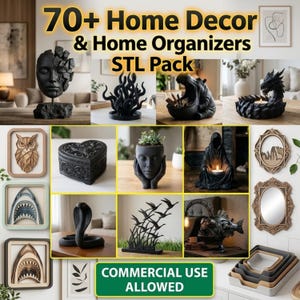 以下が含まれることがあります： 彫刻、プランター、額入りのアートなど、家の装飾品のコレクション。顔の彫刻、ハート型の箱、コブラの像など、さまざまな黒い装飾品が画像に表示されています。「70+ Home Decor & Home Organizers STL Pack」と「Commercial Use Allowed」というテキストが表示されています。