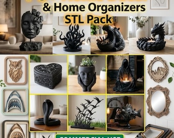 May include: A collection of home decor items, including sculptures, planters, and framed art. The image features a variety of black decorative pieces, such as a face sculpture, a heart-shaped box, and a cobra statue. Text reads "70+ Home Decor & Home Organizers STL Pack" and "Commercial Use Allowed."