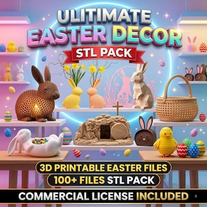 May include: An image featuring Easter decorations such as bunny figures, Easter eggs, a woven basket, and a representation of the empty tomb. The text reads "ULTIMATE EASTER DECOR STL PACK" and "3D PRINTABLE EASTER FILES 100+ FILES STL PACK COMMERCIAL LICENSE INCLUDED."