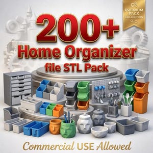 Può includere: Una collezione digitale di oltre 200 file STL per l'organizzazione domestica, con vari contenitori in plastica, cassettiere, pannelli forati e recipienti geometrici in blu, verde, arancione e grigio. Il testo recita 200+ Home Organizer file STL Pack.