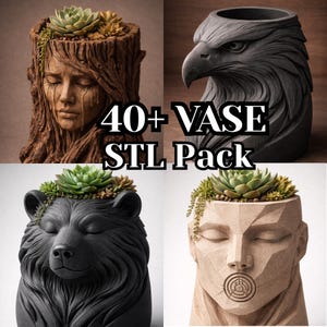 Skulptural vas STL-paket | Ansikts- och djurplanter, 3D-utskriftsfiler bild 6