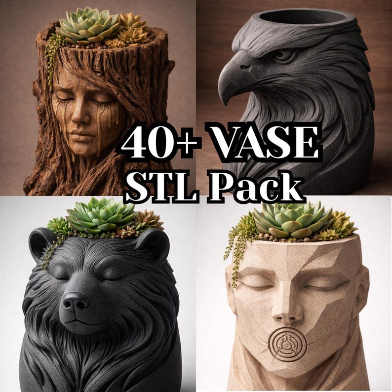 Skulptural vas STL-paket | Ansikts- och djurplanter, 3D-utskriftsfiler bild 6