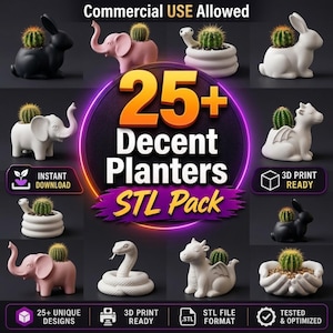 Puede incluir: Una colección digital de más de 25 macetas con formas de animales, incluyendo conejos, elefantes, serpientes y dragones. El texto dice Commercial USE Allowed, 25+ Decent Planters STL Pack, Instant Download, 3D Print Ready, 25+ Unique Designs, Tested & Optimized.