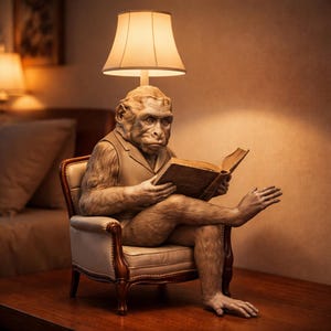 May include: A unique lamp featuring a primate figure seated in a chair, reading a book. The lamp has a beige lampshade and a detailed, textured finish. The figure is wearing a vest and is positioned on a wooden table.