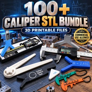 Può includere: Una collezione digitale di oltre 100 file STL per calibri stampabili in 3D. L'immagine mostra vari calibri fisici, tra cui un modello digitale con display che segna 28.01, un calibro bianco per cosplay, uno strumento per raggi nero e piccoli calibri verdi e arancioni.