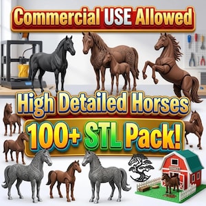 May include: A digital collection of 3D printable horse models featuring various poses, colors, and intricate patterns. The set includes a black horse, brown horses, and silver patterned horses, along with a small barn structure and text overlays.
