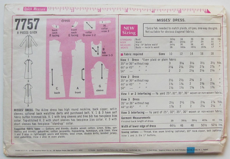 A line Dress With High Round Neckline Back Zipper Size 12 Sewing Pattern Simplicity 7757