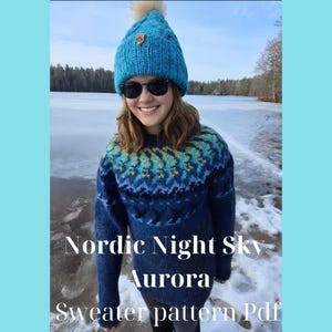 Modello per maglione Aurora / Sprone in stile nordico a più colori, spessore Aran (Download PDF)