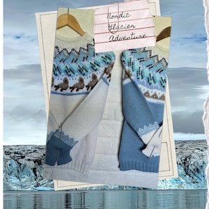 Op de afbeelding: Twee truien met lange mouwen voorzien van een Scandinavisch geïnspireerd patroon in blauwe, witte en bruine tinten. Het ontwerp bevat een rij met zeehondenmotieven en geometrische vormen. Een briefje vastgezet met een paperclip toont de tekst Nordic Glacier Adventure.