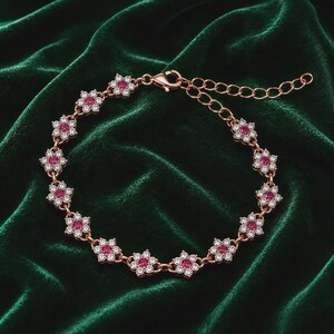 Armband mit Rubinblume, 14 Karat rosévergoldet, Fußkettchen mit Moissanit-Diamanten (Geschenk für Sie)