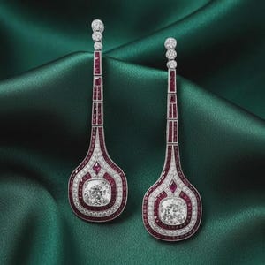 May include: A pair of drop earrings with a teardrop design. The earrings feature a central square-cut diamond, surrounded by smaller diamonds and red gemstones. The earrings are set against a green satin background.