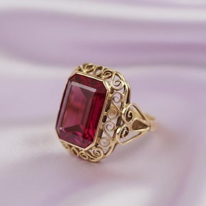 14K Gold Plated Victorian Bold Red Ruby Solitaire Engagement Ring Wedding Jewelry