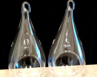 Teardrop Glass Terrarium Set: 7" Hanging Planter, Flat Base
