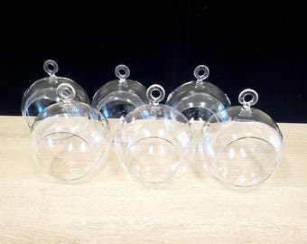 Clear Glass Terrarium Set: 4" Hanging Planter, Flat Base (Set of 6)