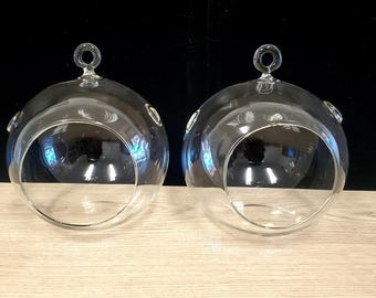 Lot de 2 terrariums en verre transparent : jardinière suspendue, 5 po. ronde