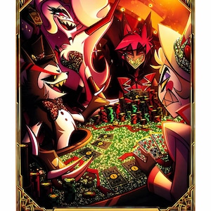 Könnte beinhalten: Eine Illustration eines Pokerspiels mit mehreren animierten Charakteren. Die Charaktere versammeln sich um einen grünen Filztisch mit Karten und Chips. Das Bild hat einen goldenen Rahmen und den Text "SIN CITY NIGHT".