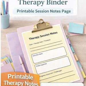 Puede incluir: Un portapapeles con un clip dorado contiene una página de "Notas de sesión de terapia". La página tiene secciones para la fecha, las actividades y la respuesta del niño. La imagen también muestra una pancarta de "Notas de terapia imprimibles" y el texto "DESCARGA INSTANTÁNEA".