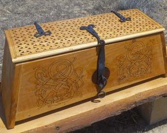 Large Viking Sea Chest – Hand-Forged Iron, Woodburned Norse Knotwork, Rustic Storage Trunk, SCA LARP