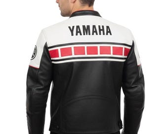 Vintage 1990s Yamaha Cowhide Leather Armoured Motorcycle Riding Jacket in Beige and Black