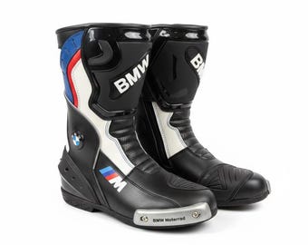 Bottes moto de course noires Style BMW Motorrad en cuir Équipement de protection du motard