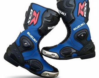 Bottes de moto en cuir de vachette Suzuki | Bottes de motard de course bleues