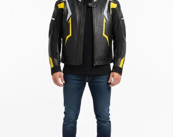 Blouson moto homme en cuir noir jaune racing biker slim, manteau motard