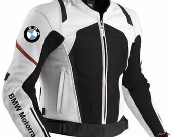 BMW White & Black Cowhide Leather Motorcycle Jacket – Racing Style Biker Riding Jacket