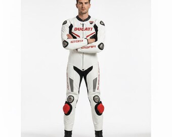 Combinaison de course de moto en cuir de vachette blanche Ducati, survêtement de motard une pièce avec armure