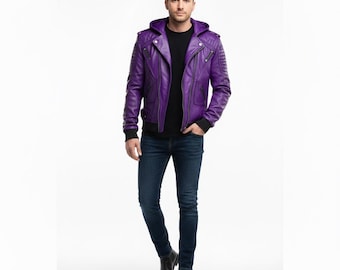 Veste motard à capuche en cuir de vachette violette, détails matelassés aux épaules