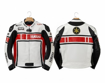 Blouson moto en cuir de vachette Yamaha Racing - Blanc Sport Biker Gear