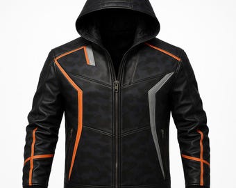 Blouson en cuir à capuche noir pour homme - Blouson de motard streetwear futuriste avec des touches d'orange