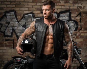 Black Cowhide Leather Vest for Men | Motorcycle Biker Riding Vest | Classic Club Wear